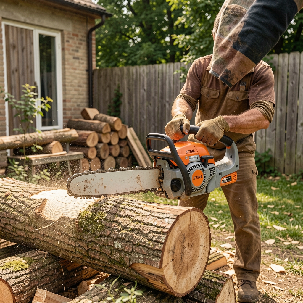 STIHL MSA 220 акумулаторска ланчана пила са наранџасто-сивим кућиштем у руци корисника при сечи сувог дрвета у дворишту